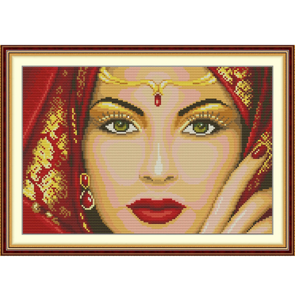 Asian Lady in Red Cross Stitch Kit 14ct Stamped Cross Stitch  11ct Indian Beauty Counted Cross Stitch Craft Gift Flower Embroidery Kit