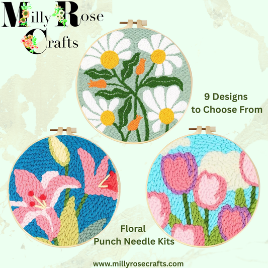 Flower Punch Needle Kit Floral Embroidery Kit Easy Beginner Daisy Tulip Iris Tufting Kit 20cm Hoop Pre Printed Cloth Craft Kit Gift Idea Punch Needle kit New Arrivals in the MillyRose Crafts Family
