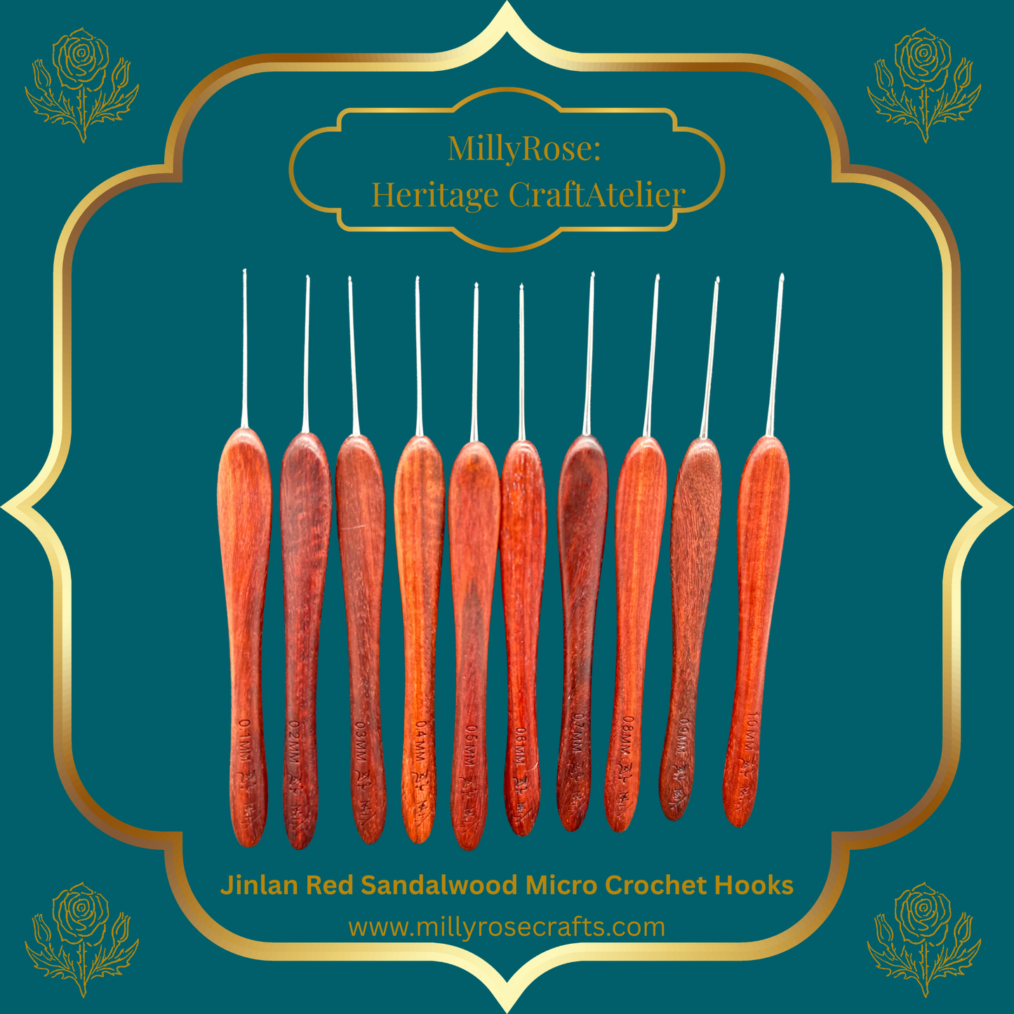 Jinlan Red Sandalwood Crochet Hook, Micro Crochet 0.01mm to 1.0mm High End Ergonomic Crochet Tool, Luxury Handcrafted Lace Hook, Heirloom Fiber Arts Gift, 100mm Handle