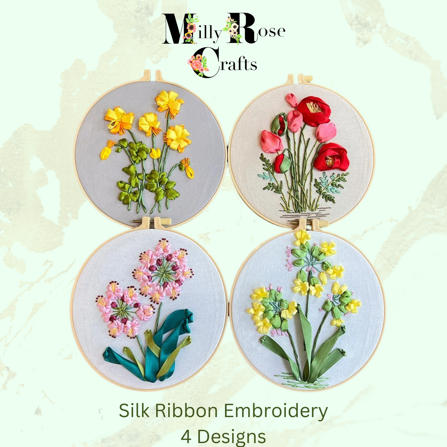 Silk Ribbon Embroidery Kit Round Frames, Poppies Silk Ribbon Embroidery Alium Primula Buttercups Silk Ribbon Beginner Needlework Craft Adult