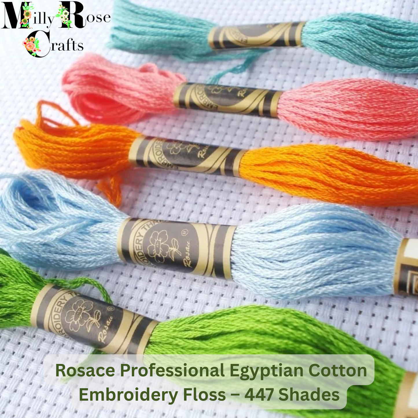 Collection of colorful Rosace Professional Egyptian Cotton Embroidery Floss skeins for artisan needlework.