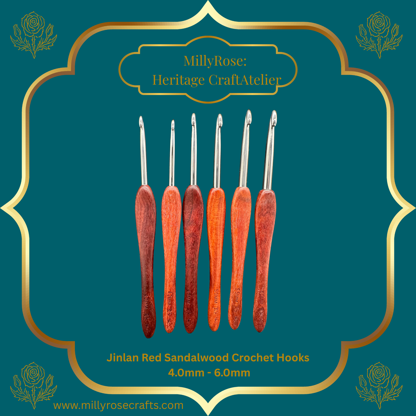 Jinlan Red Sandalwood Crochet Hook, Micro Crochet 4.0mm to 6.0mm High End Ergonomic Crochet Tool, Luxury Handcrafted Lace Hook, Heirloom Fiber Arts Gift, 100mm Handle