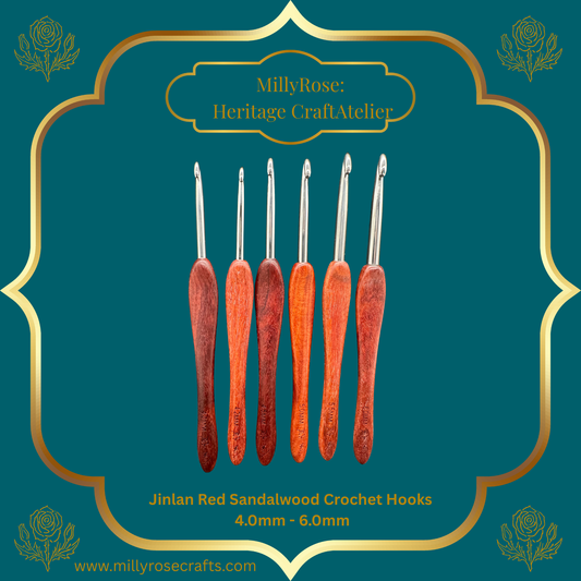 Jinlan Red Sandalwood Crochet Hook, Micro Crochet 4.0mm to 6.0mm High End Ergonomic Crochet Tool, Luxury Handcrafted Lace Hook, Heirloom Fiber Arts Gift, 100mm Handle