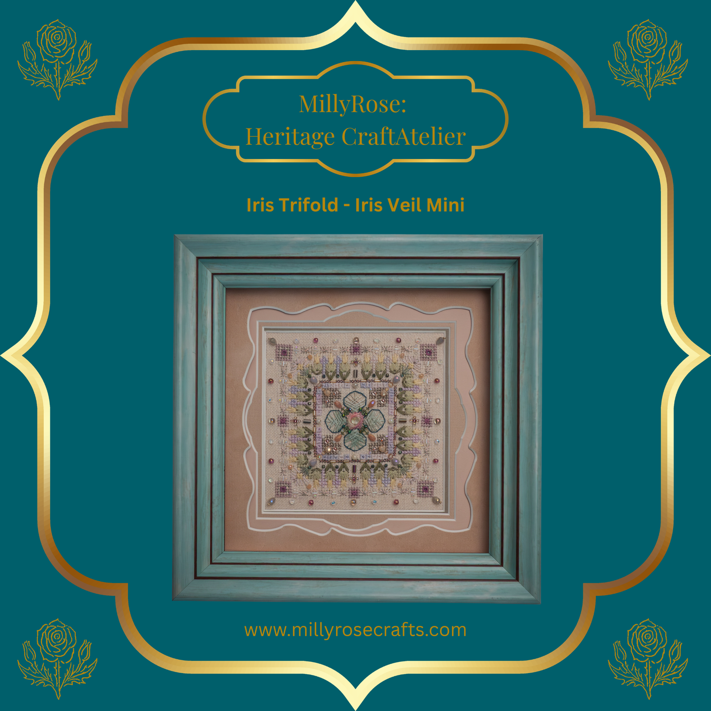 IMAKE Iris Trifold: Iris Veil Mini Luxury Cross Stitch & Mixed Media Needlework Kit Bead & Silk Embroidery