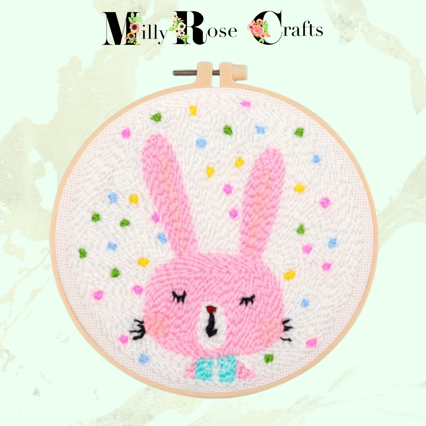 Easter Bunny Punch Needle Kit Beginner Pink Rabbit Punch Needle Embroidery Kit 20cm Hoop Complete DIY Easter Craft Kit Gift Idea