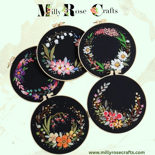 Vibrant Flower Wreath Embroidery Kit Black Cloth Bright Daisy Pansy Flower Embroidery Beginner Adult Easy Instructions Stamped Threads Hoop Embroidery kit Embroidery Kits