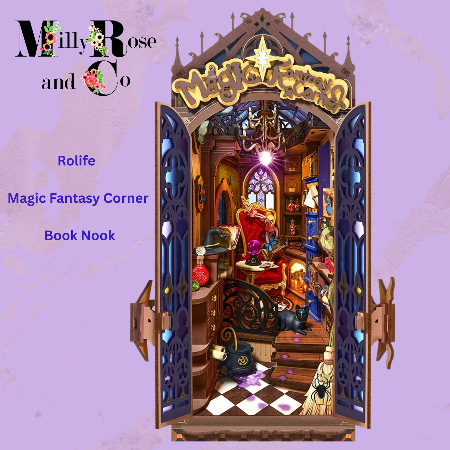 Rolife Magic Fantasy Corner Book Nook Kit Neo-Gothic Wizardry Bookshelf Insert Auto-On LED Light Desk Bookshelf Decoration 14+ Craft Gift