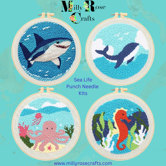 Whale Punch Needle Kit Seahorse Shark Octopus Embroidery Kit Easy Beginner Ocean Life Tufting Kit 20cm Hoop Pre Printed Cloth Craft Kit Gift Punch Needle kit New Arrivals in the MillyRose Crafts Family