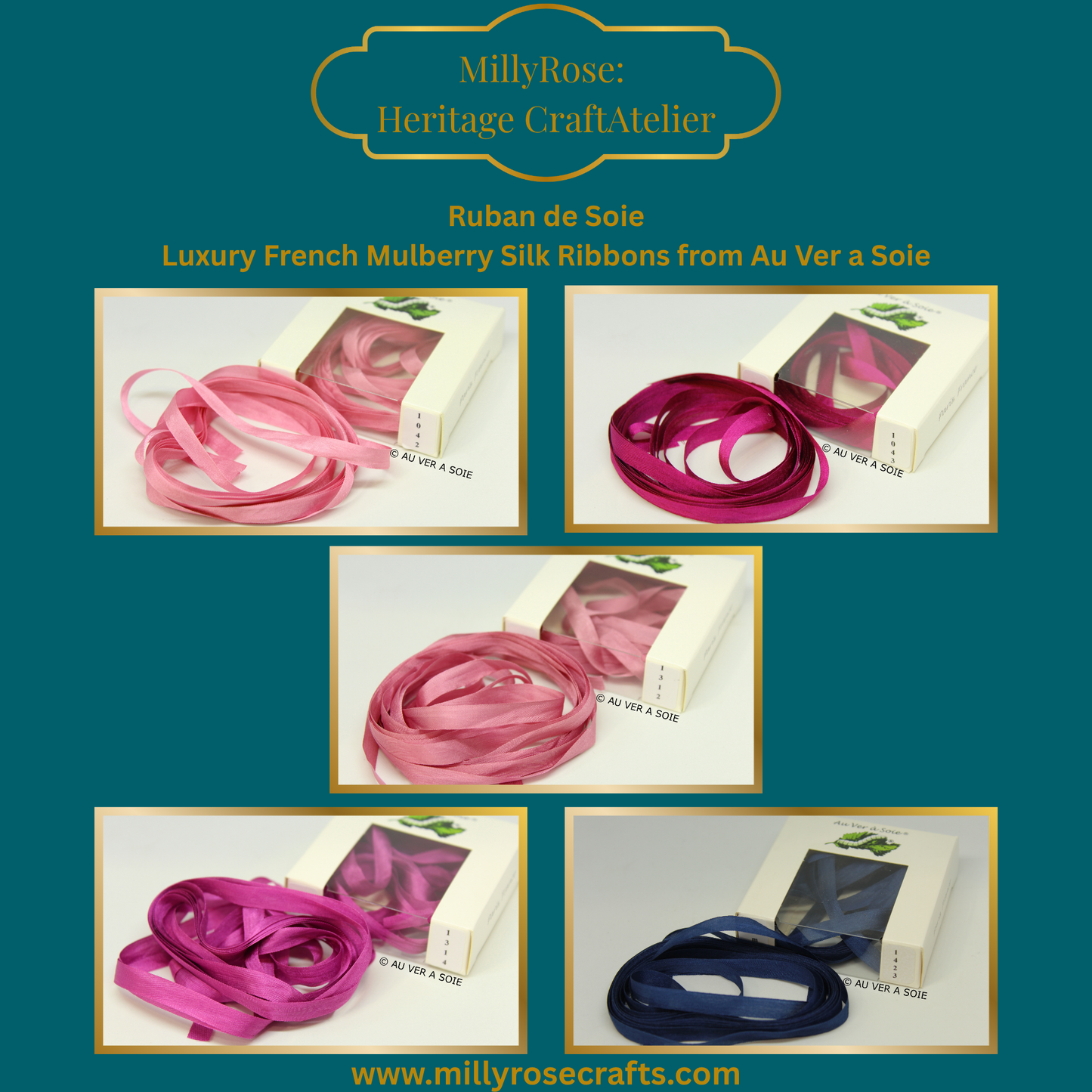 Au Ver à Soie 4mm 7mm mulberry silk ribbon color1042, 1043, 1312, 1314, 1423 official swatch