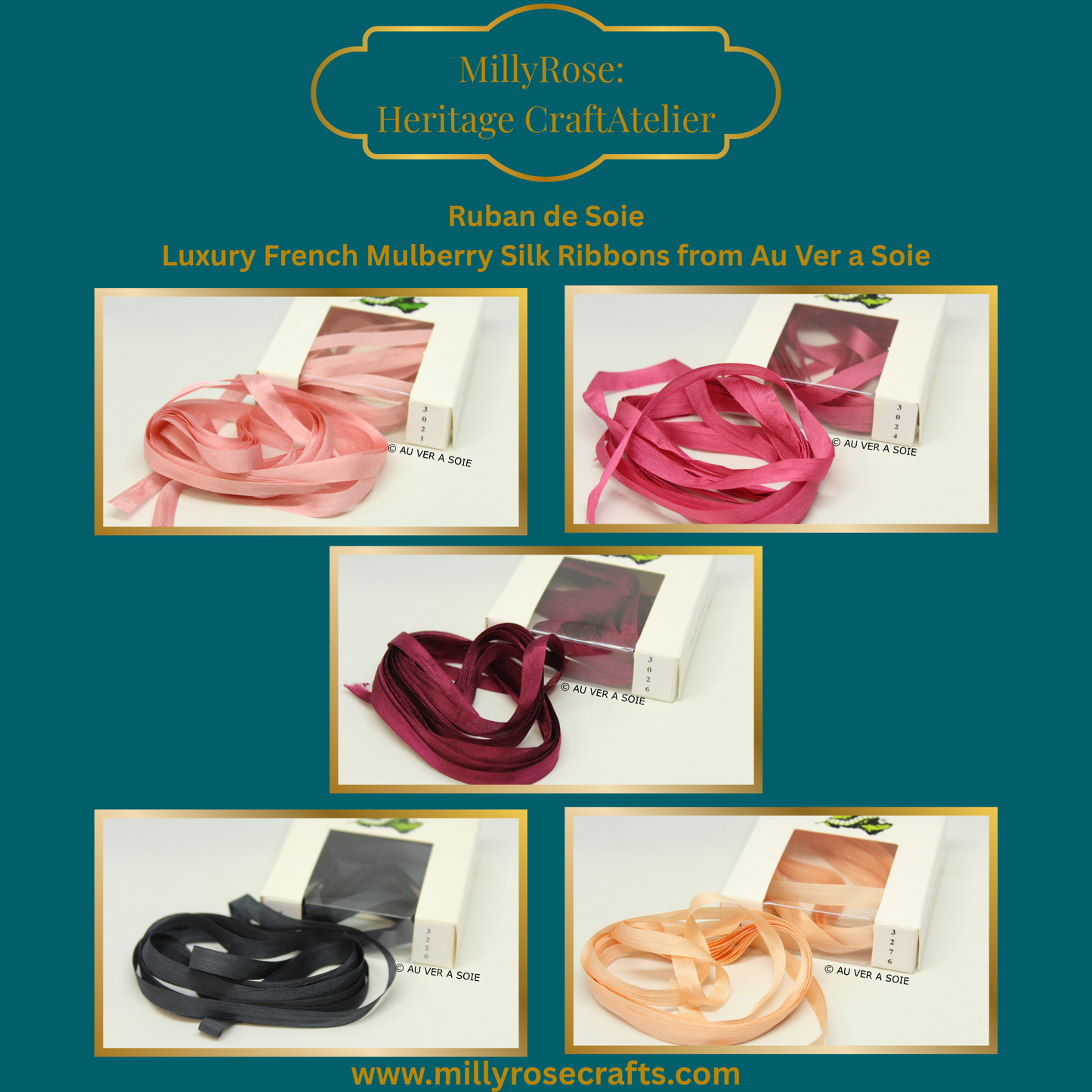 Au Ver à Soie 4mm 7mm mulberry silk ribbon color 3021, 3024, 3026, 3226, 3276  official swatch 