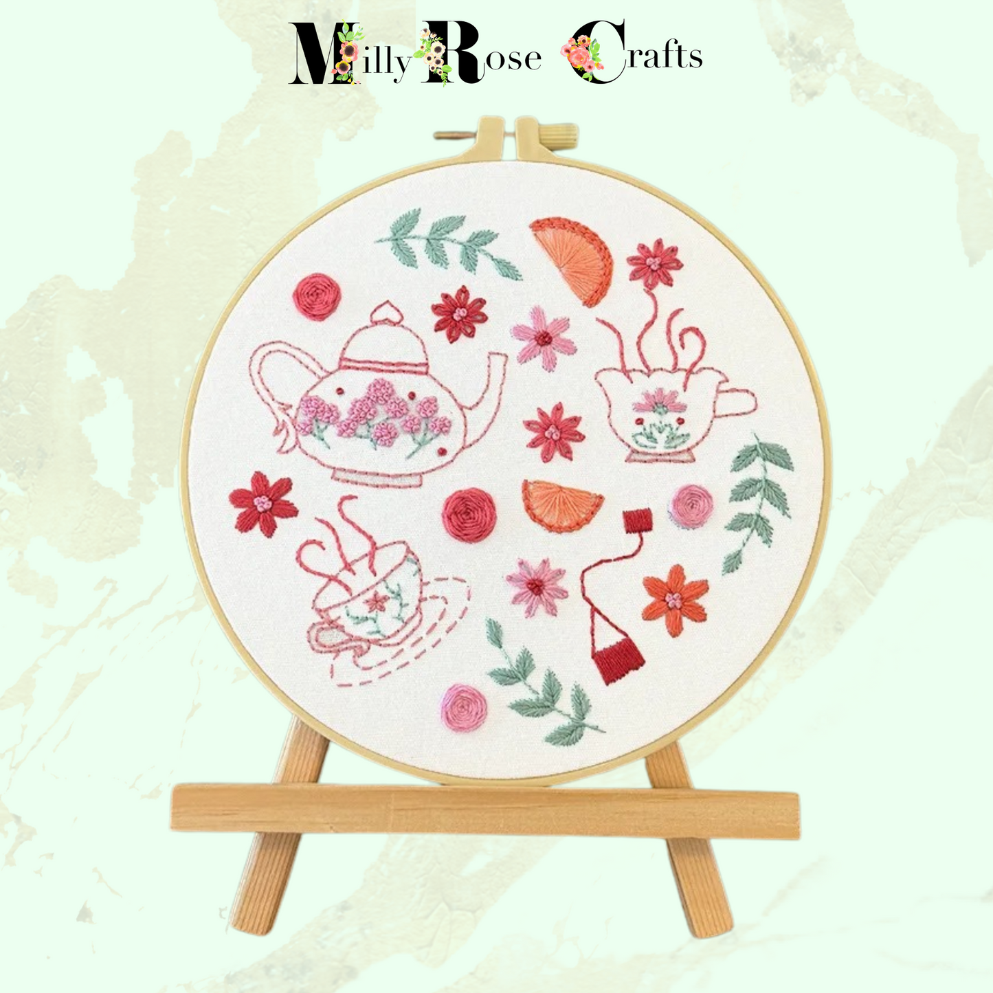 Afternoon Tea Embroidery Kit Gin Cocktails China Cups Cupcake Embroidery Beginner Adult Easy Instructions Stamped Embroidery Cloth 20cm Hoop