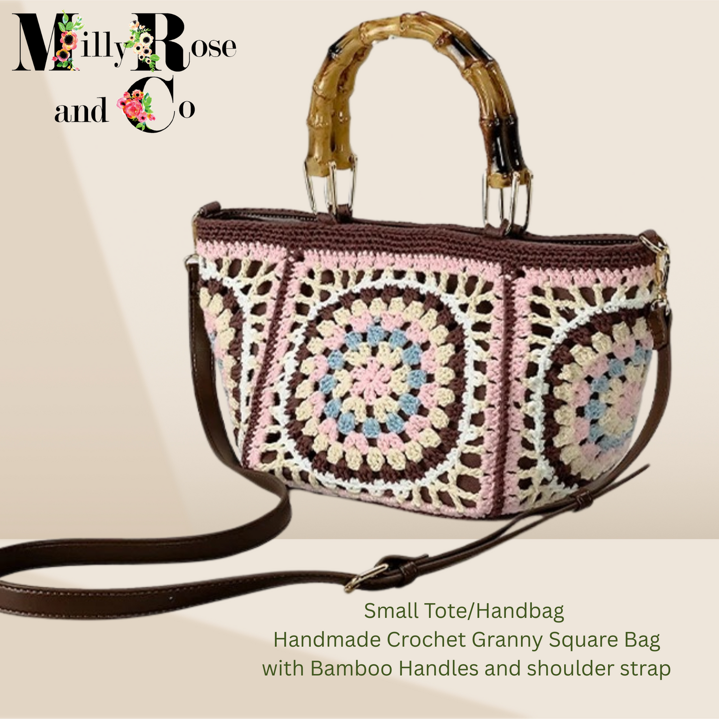Bohemian Crochet  Granny Square Hand Bag Small Tote with Bamboo Handle Hand-Woven  Shoulder Bag Ideal Gift