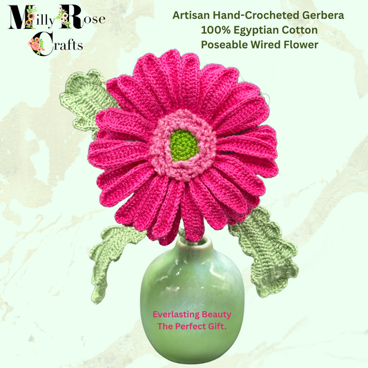 Artisan Hand-Crocheted Gerbera – 100% Egyptian Cotton – Poseable Wired Flower
