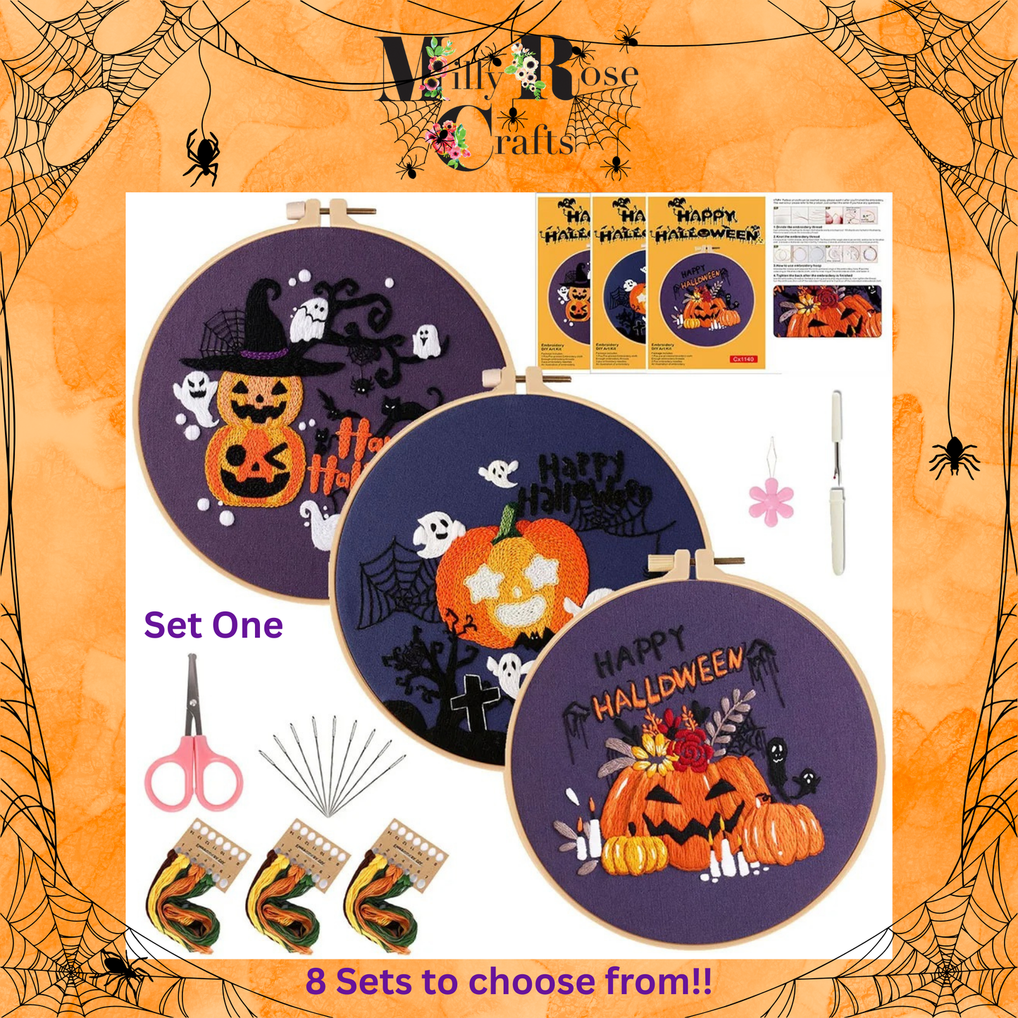 Halloween Embroidery Kits Set of 3 Witches pumpkins ghosts embroidery Kit Easy  Beginner Complete stamped cross stitch Kit Threads 3 Hoops