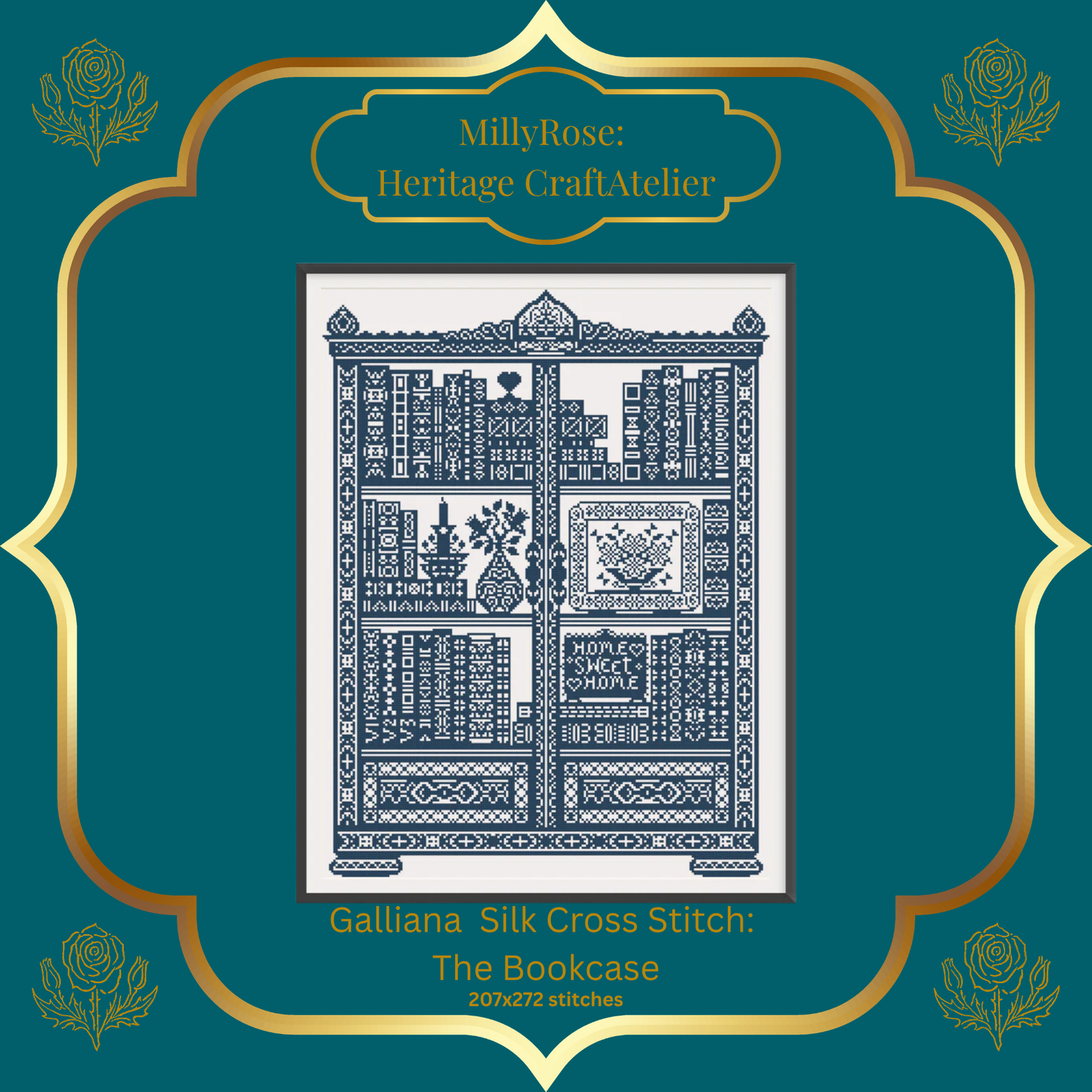 "The Bookcase" Luxury Cross Stitch Kit by Elaine Gallacher – Monochrome British Sampler with Premium Soie d'Alger Silk & Heritage Linen – Historische Stickmuster