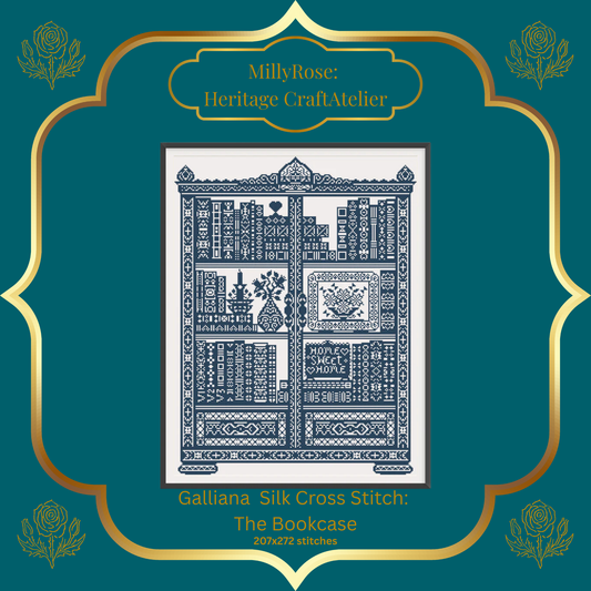 "The Bookcase" Luxury Cross Stitch Kit by Elaine Gallacher – Monochrome British Sampler with Premium Soie d'Alger Silk & Heritage Linen – Historische Stickmuster
