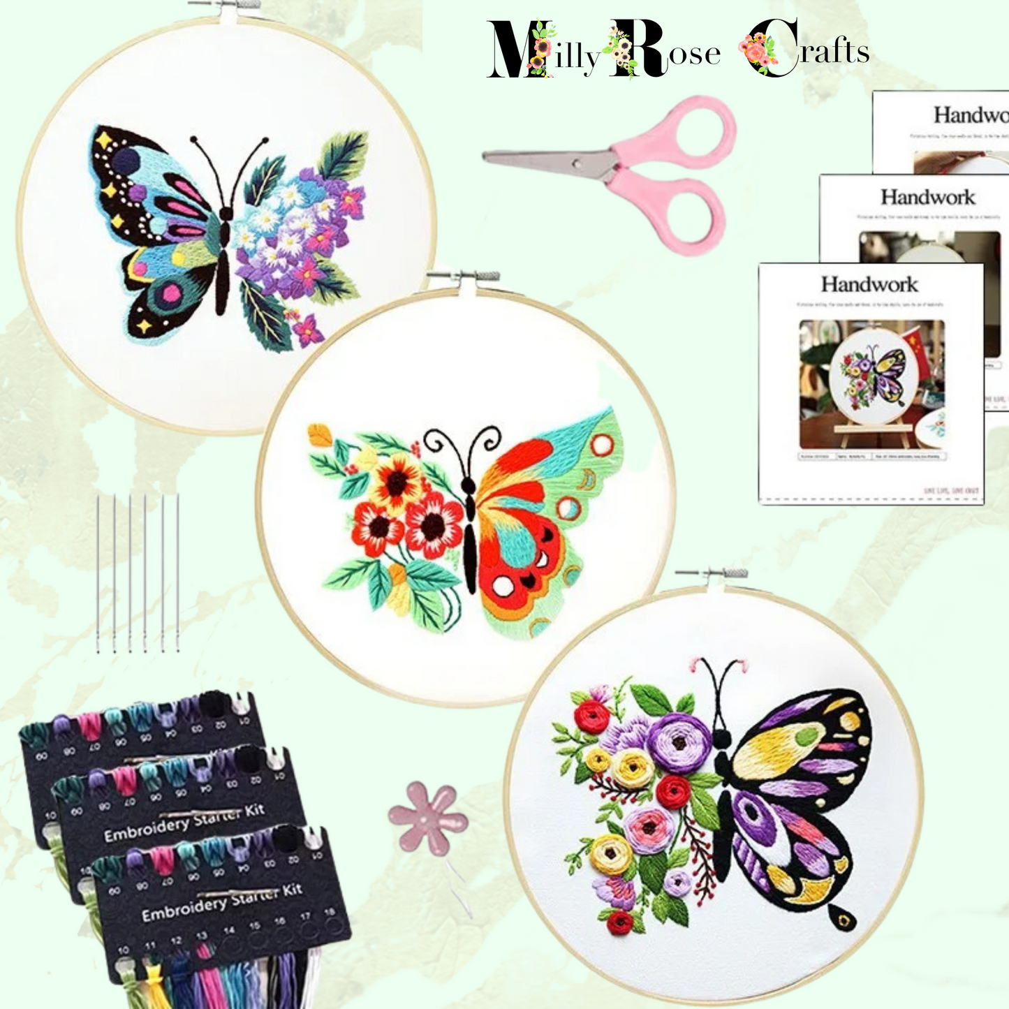 3 Set Butterfly Embroidery Kit DIY Beginner Butterfly Flower Embroidery Kit  Preprinted Cloth Embroidery Threads for Craft Lover Hand Stitch