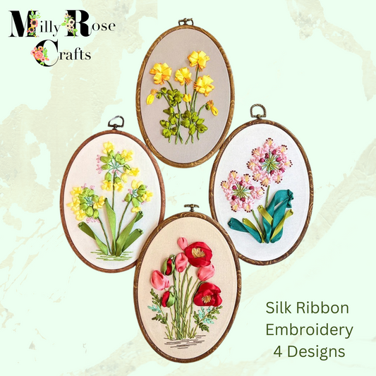 Silk Ribbon Embroidery Kit Oval Frames, Poppies Silk Ribbon Embroidery Alium Primula Buttercups Silk Ribbon Beginner Needlework Craft Adult