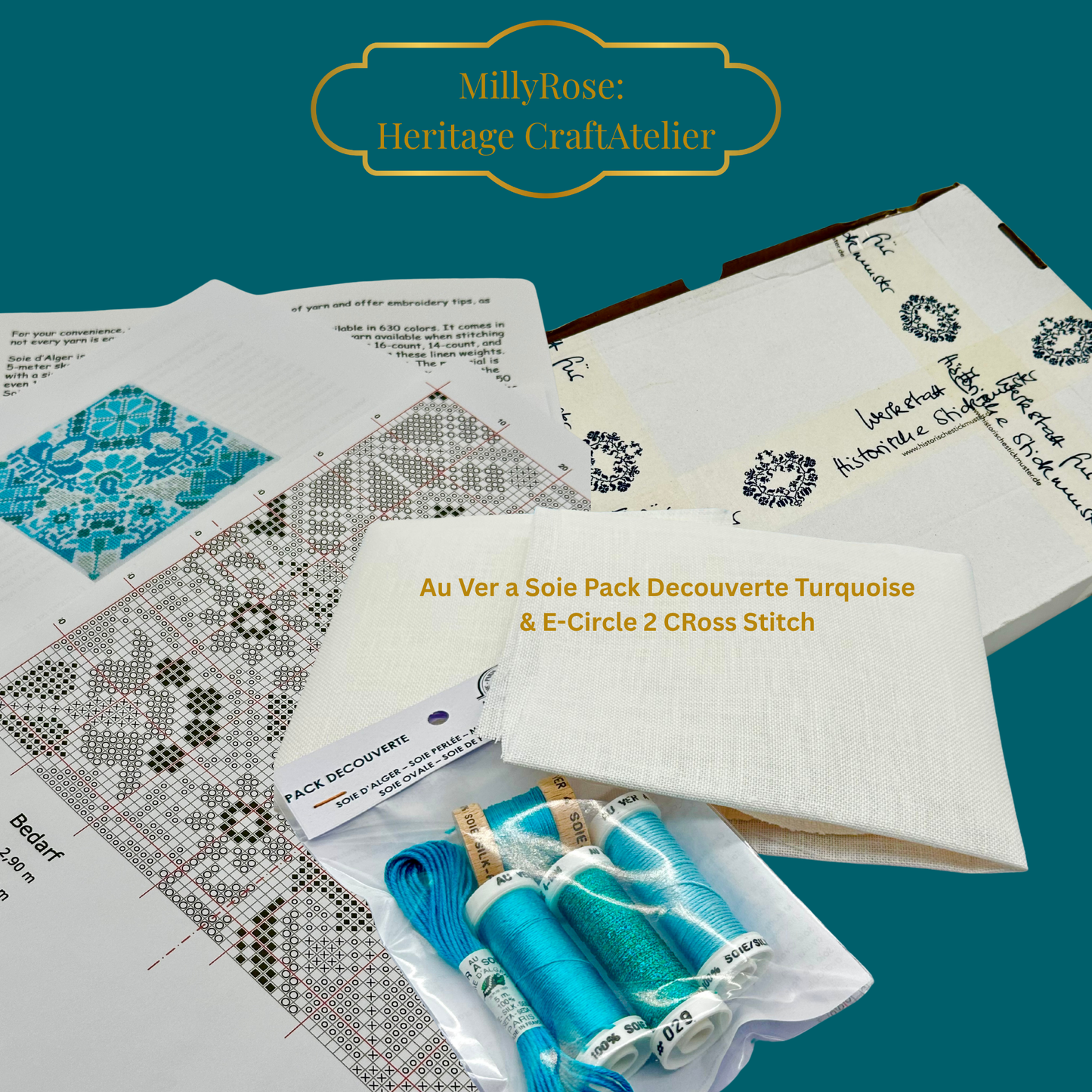 Historische Stickmuster Explorer Silk Cross Stitch Kit  Au Ver à Soie Turquoise Discovery Pack Sampler