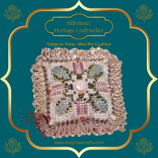 Beaded I-Make mini pin cushion with decorative design on a teal background, featuring the brand 'MillyRose Heritage CraftAtelier'.