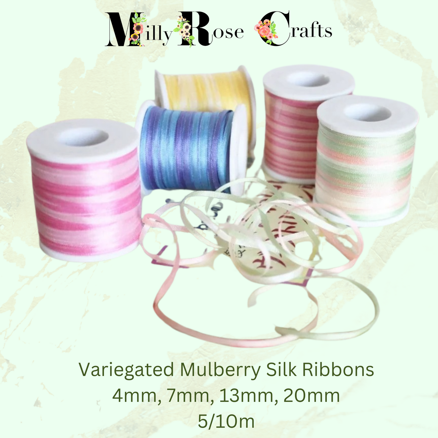 Hand-Dyed Style 100% Mulberry Silk Ribbon Variegated Artisan Collection 2mm,4mm,7mm,13mm,20mm width