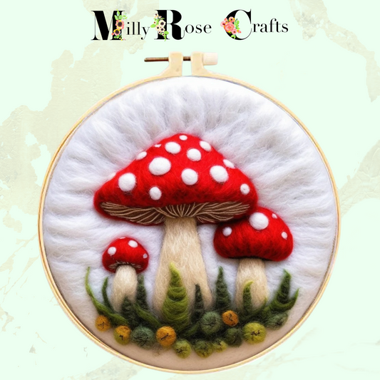 2d Needle Felting Kit Red and White Mushroom Wool Painting Kit Adult Beginner Friendly Toadstool Needle Felting Craft Merino Wool 20cm Hoop