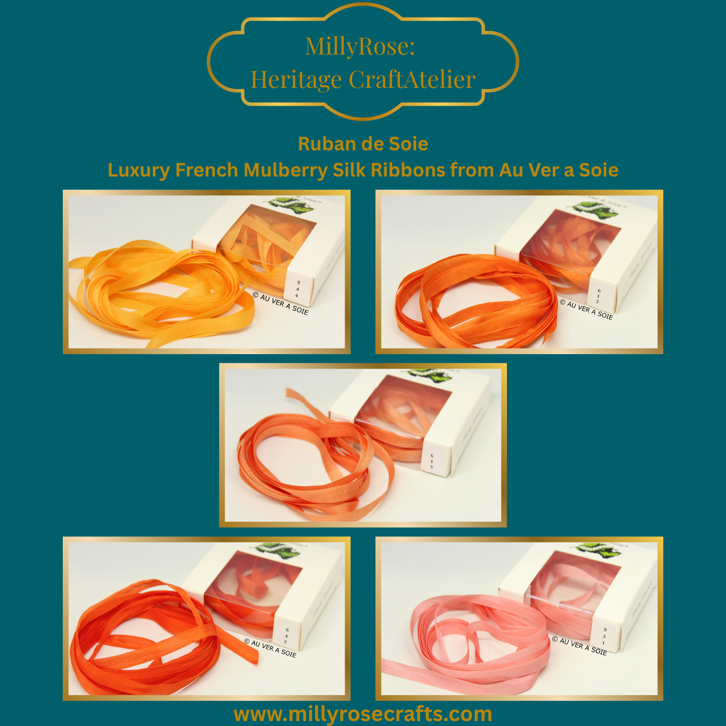 Au Ver à Soie 4mm 7mm mulberry silk ribbon color 544,612, 615, 645, 931, official swatch