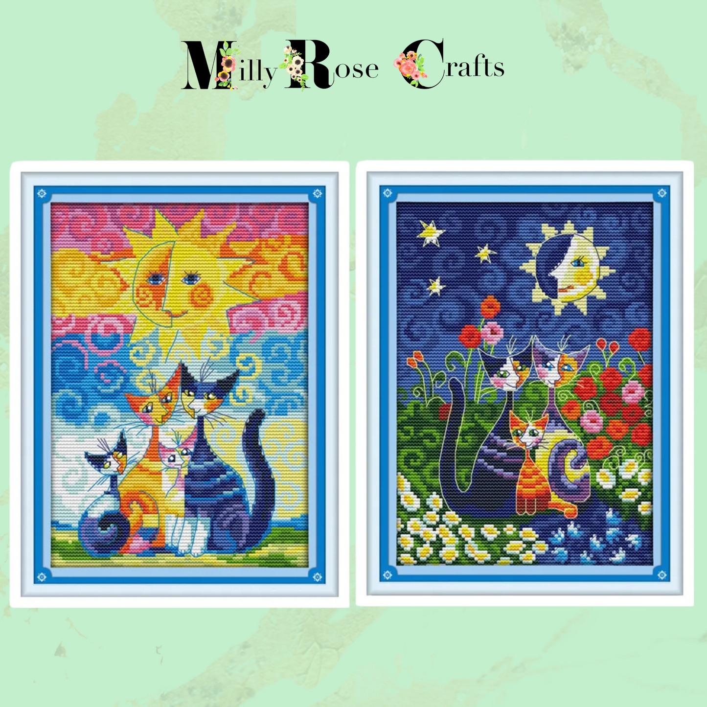 Colourful Cats Cross Stitch Kit Cats Under The  Sun 14ct Stamped Cross Stitch Cats Under The Moon Embroidery Counted Cross Stitch Pattern