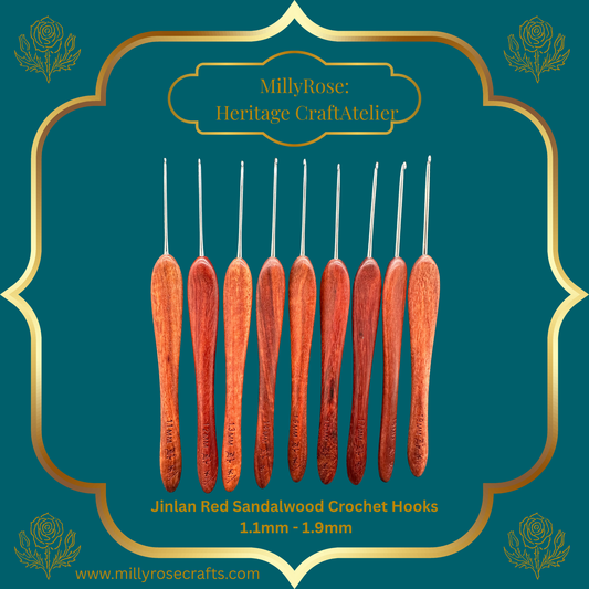 Jinlan Red Sandalwood Crochet Hook, Micro Crochet 1.1mm to 1.9mm High End Ergonomic Crochet Tool, Luxury Handcrafted Lace Hook, Heirloom Fiber Arts Gift, 100mm Handle
