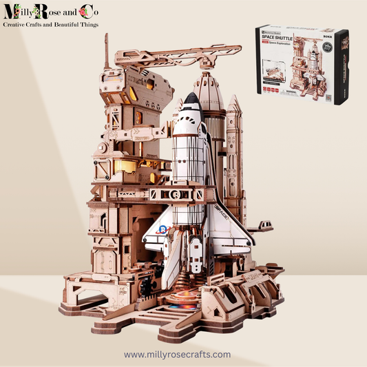ROKR Space Shuttle 3D Wooden Puzzle Moving Rocket Launch Tower with Lights Mechanical Building STEM Project for Adults Teens Perfect Gift
