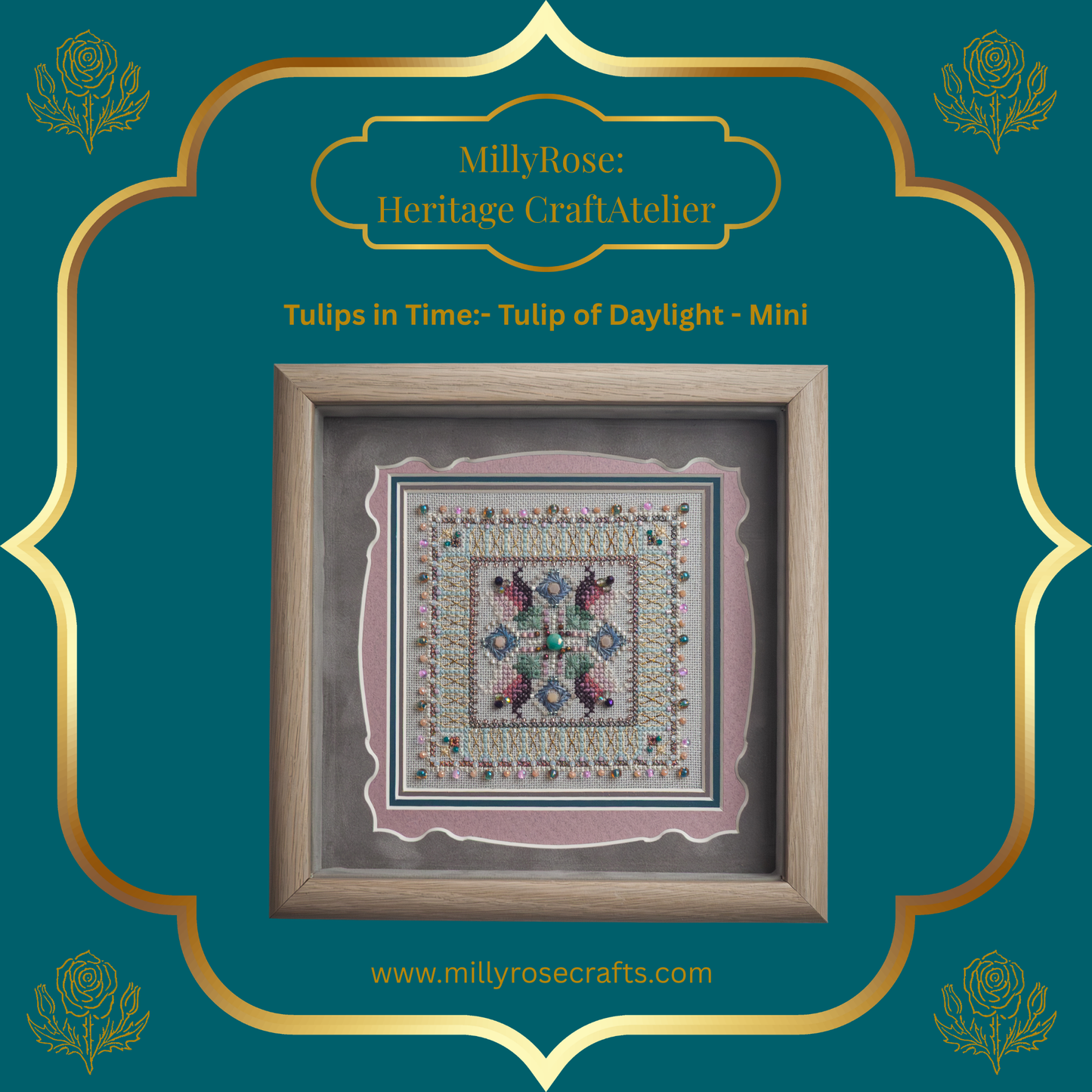 Square close-up of the completed Tulip of Daylight Mini embroidery showing warm golden cross-stitching, amber crystals, and coral seed beads framed elegantly.