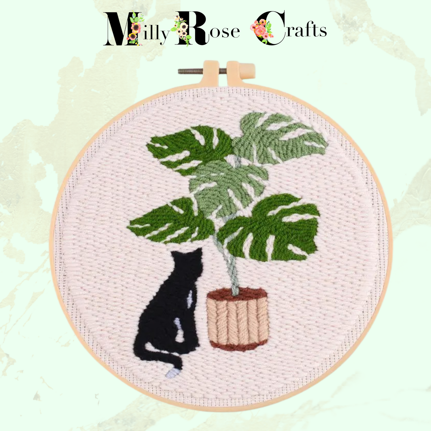 Black Cat Punch Needle Kit Beginner Adult Cat and Plant Punch Needle Embroidery Kit 20cm Hoop Complete DIY Craft Kit Gift Idea