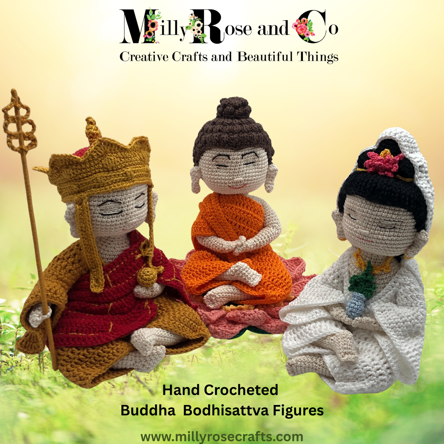 Three hand-crocheted Buddha Bodhisattva figures with a brand logo in the background.