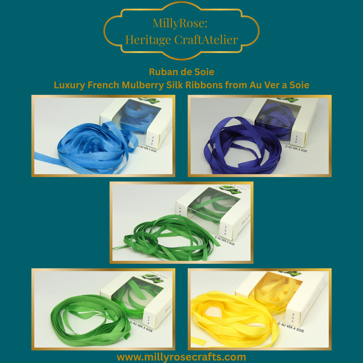 Au Ver à Soie – 4mm 7mm Mulberry Silk Ribbon Blue Green The Continental Collection