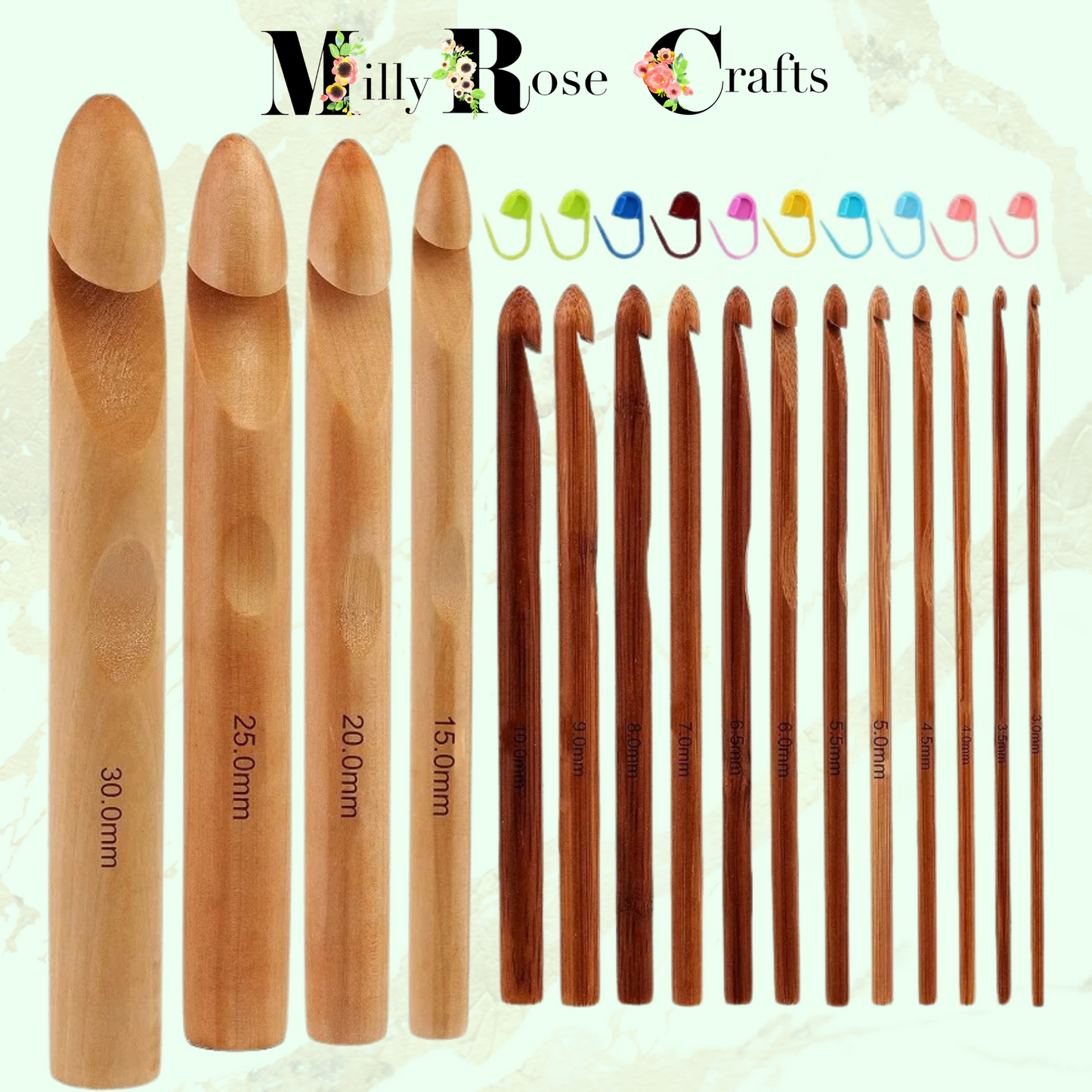 16Pcs Wooden Bamboo Crochet Hooks 3 to 30mm in Diameter Handle Crochet Kit Knitting Needles 10pcs Stitch Markers Giant Crochet Hook Big Yarn