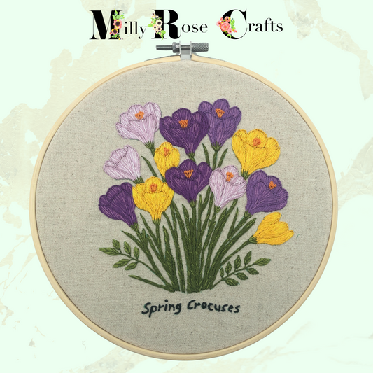 Crocus Embroidery Kit Spring Crocuses Flower Beginner Friendly Pre Stamped Linen/Cotton Embroidery Cloth Cross Stitch 20cm Hoop Craft Gift