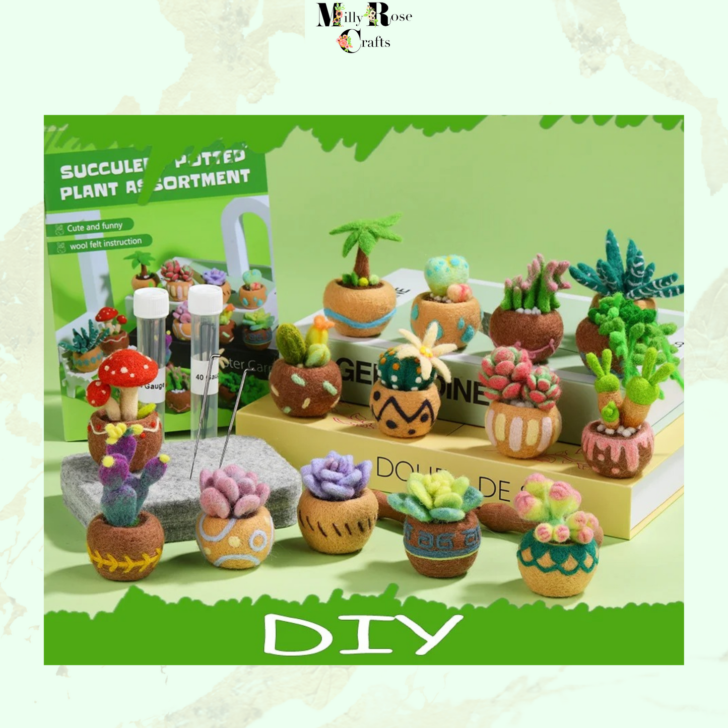 Succulent Needle Felting Kit, Cacti in Pots Needle Felting Kit 6-9-15 Cacti Felting Kit Wool Felting Mat 12 Felting Needles Craft Gift