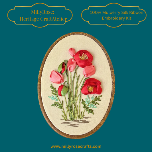 Red Poppies Silk Ribbon Embroidery Kit | Premium Mulberry Silk Floral Design | Heritage Craft Atelier
