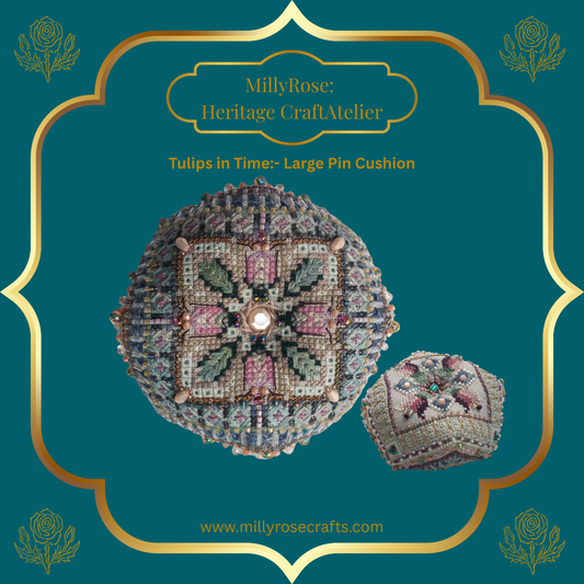 A beautiful three-dimensional stitched tulip pincushion showing detailed geometric beadwork, multi-tonal hand-dyed silk threads, and a decorative button center.
