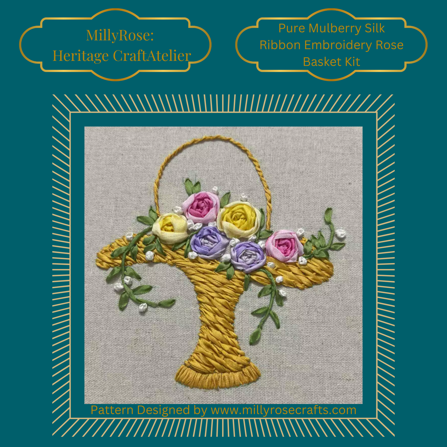 Rose Basket Mulberry Silk Ribbon Embroidery Kit | Original Heritage Floral Design by MillyRose