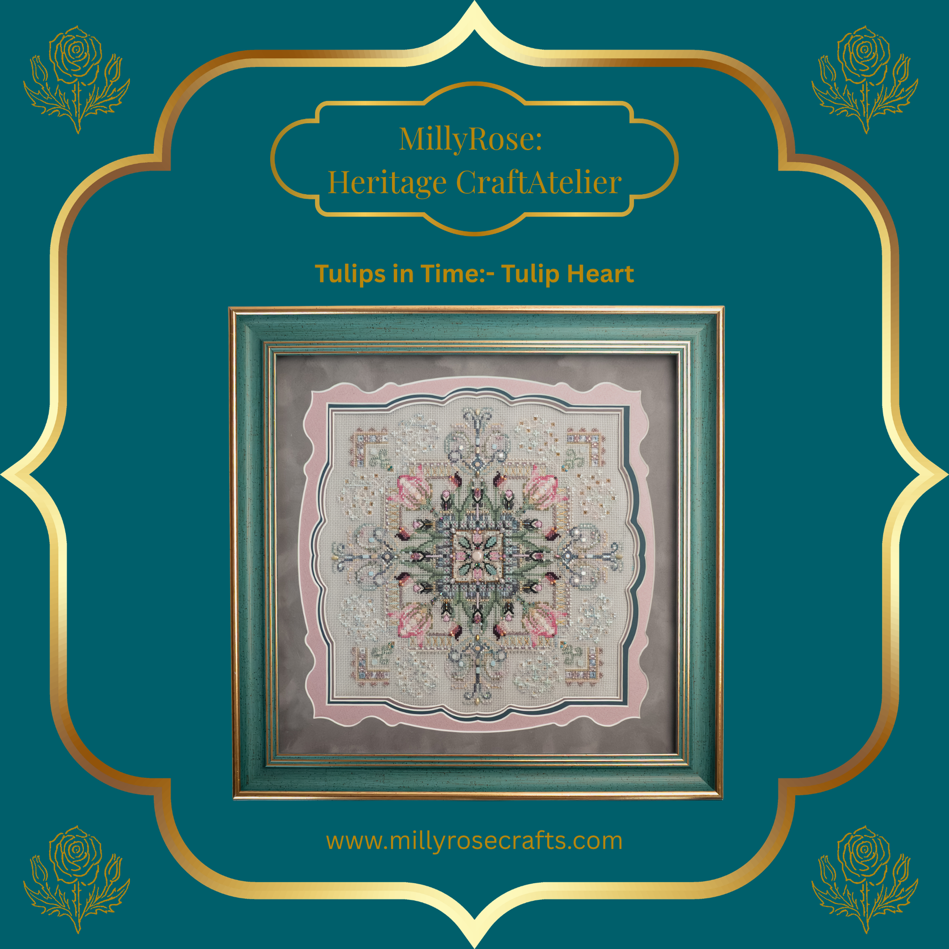 Completed Tulip Heart needlework piece featuring symmetrical pastel tulips, hand-dyed silks, and green crystals in a luxury teal frame with a scalloped mount.