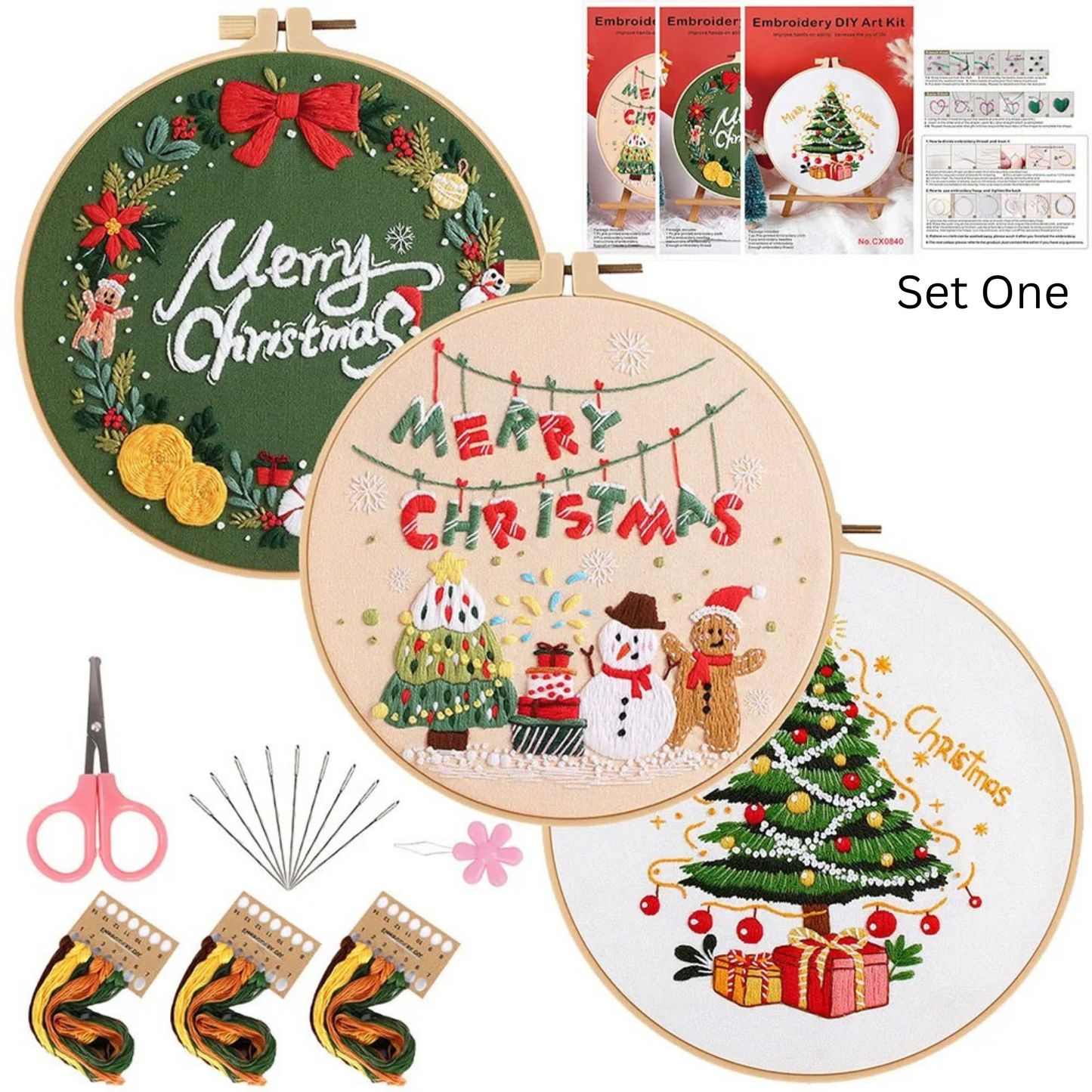 Christmas Embroidery Kits  Beginner Embroidery Kit with Gnome Tree Deer Penguin Pattern, Instruction Thread Needle, Embroidery Kit, 20cm hoop complete stamped cross stitch kit