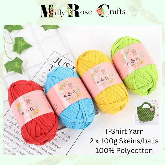 T Shirt Fabric Cloth yarn for crochet knitting, 2 x 100g skeins pack, solid colour for hand knitting crochet DIY craft bag, basket, cushion