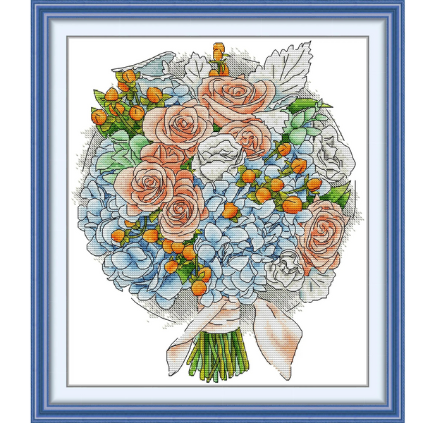 Rose and Hydrangea Cross Stitch Kit 14ct Stamped Cross Stitch Peach Roses Counted Cross Stitch Flower Embroidery Kit