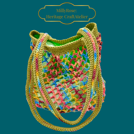 Hand-Crocheted Summer Tote Bag – Lined Cotton Market Bag with Double Romanian Cord Handle – Made in Spain