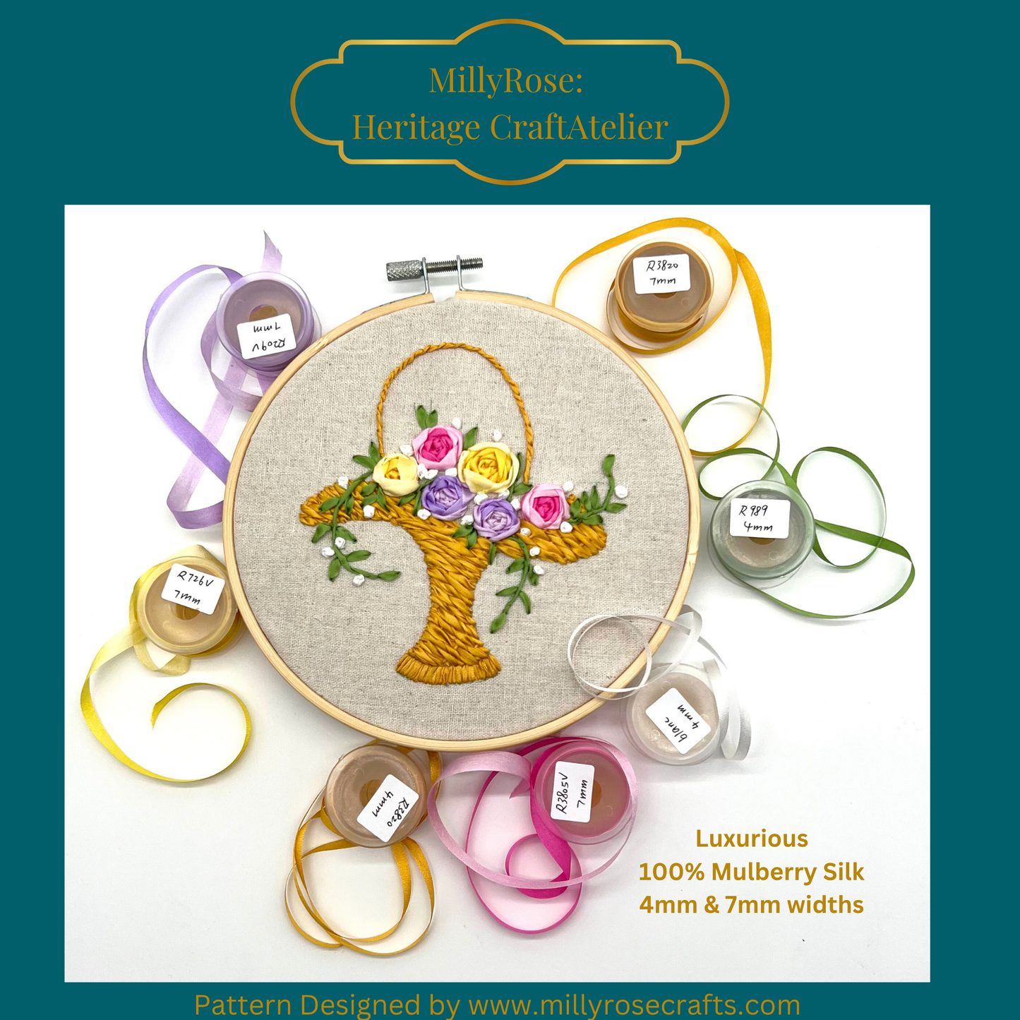 Rose Basket Mulberry Silk Ribbon Embroidery Kit | Original Heritage Floral Design by MillyRose