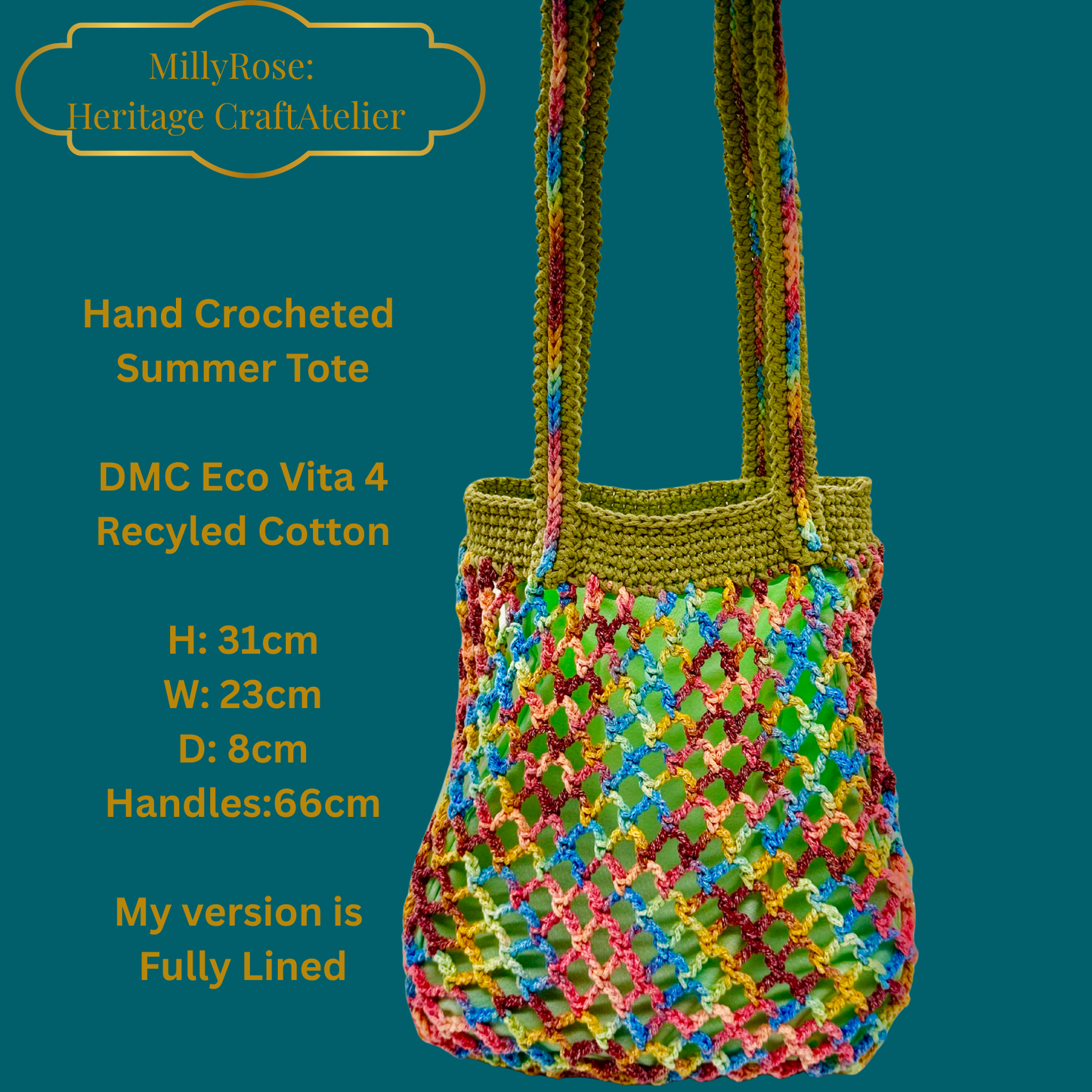 Hand-Crocheted Summer Tote Bag – Lined Cotton Market Bag with Double Romanian Cord Handle – Made in Spain