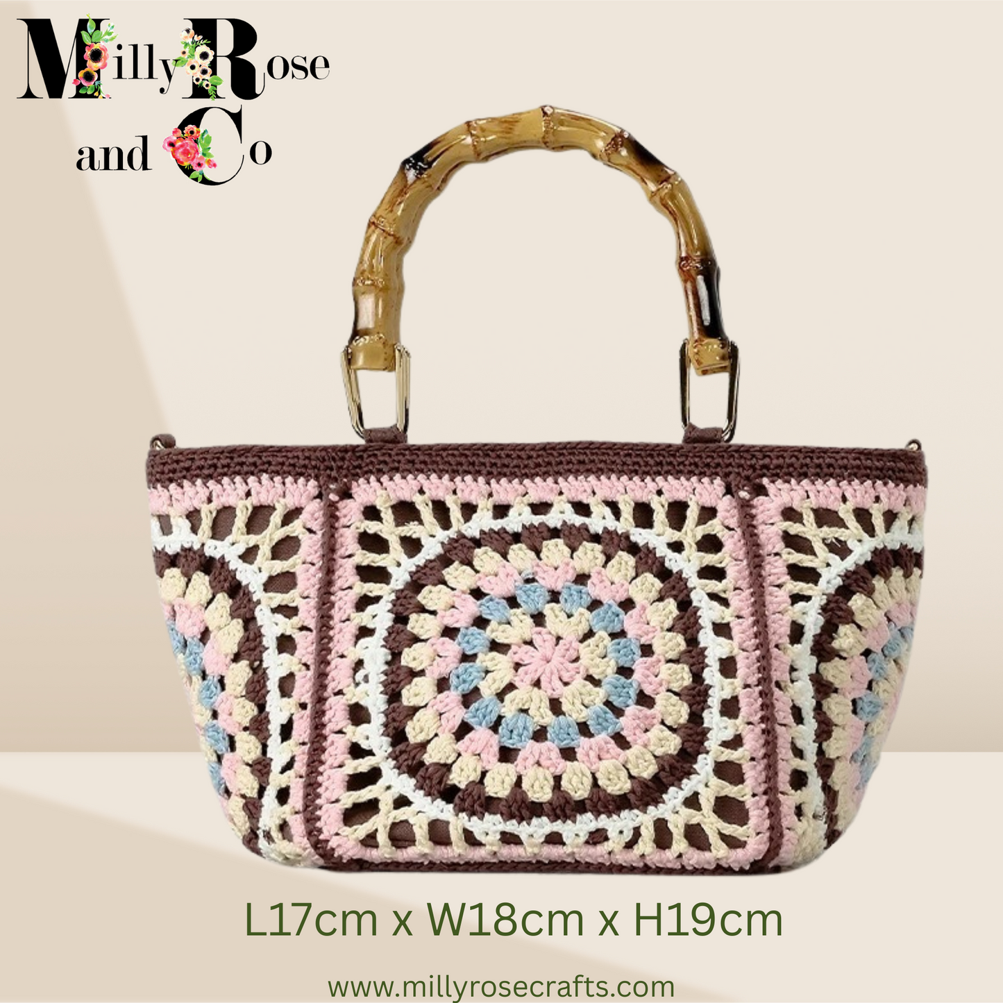 Bohemian Crochet  Granny Square Hand Bag Small Tote with Bamboo Handle Hand-Woven  Shoulder Bag Ideal Gift