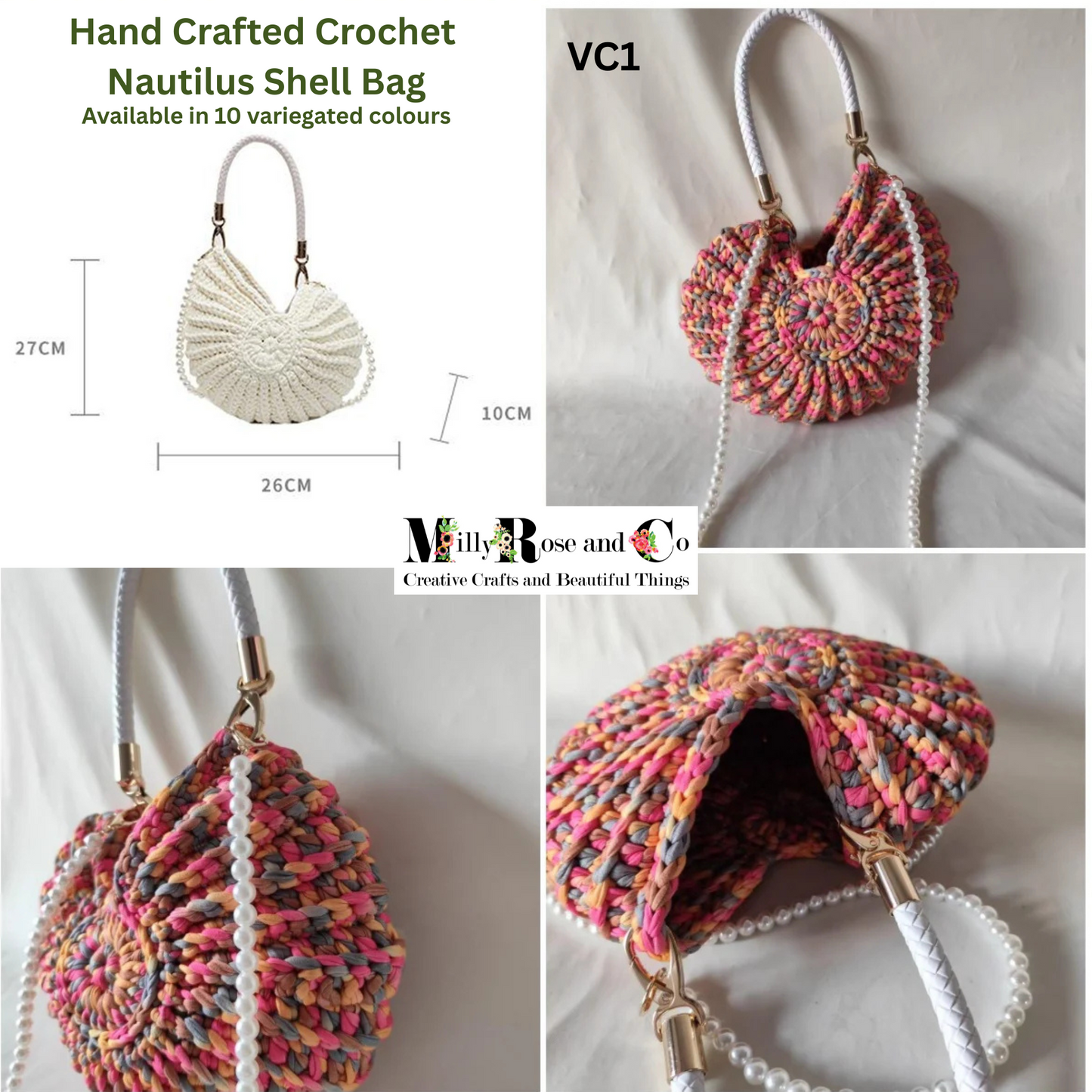 Crochet Nautilus Shell Hand Bag Handmade Shell Cross Body Variegated Colour Novelty Conch Bag Pearl Chain Gift Idea