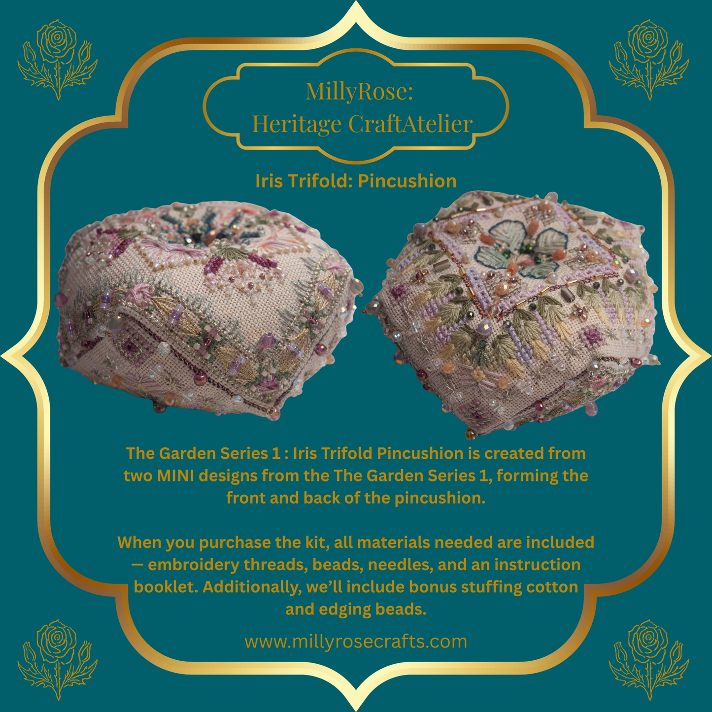 "Iris Trifold" Luxury 3D Needlework Kit – The Garden Series 1 by IMake – Double-Sided Hand-Dyed Silk, Zweigart Linen & Beading Set